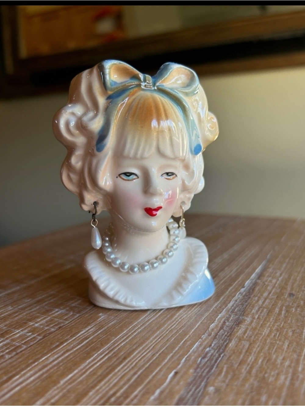 Mini Vintage Lady Head Vase Faux Pear Necklace & Earrings Blue Bow.